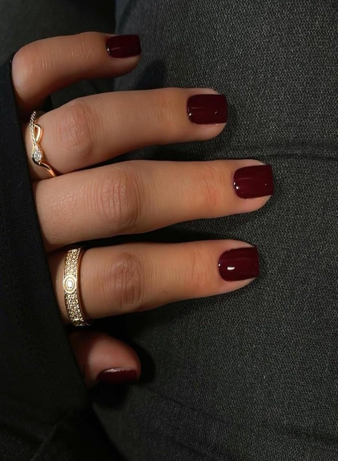 XCREANDO Wine Dark Red Press on Nails Short Square, Short Fake Nails Glue on Square Nails Press ons, Gel Glue on Nail Stick on Nail for Women Thick Reusable Solid Color Acrylic Nail 24pcs - Image 1